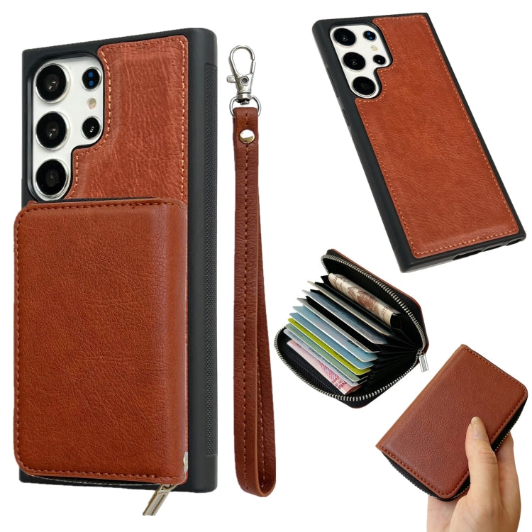 For Samsung Galaxy S24 Ultra 5G Solid Color Zipper 11-Card Slots Bag Phone Case with Lanyard(Brown) - HoMEdemic™ 