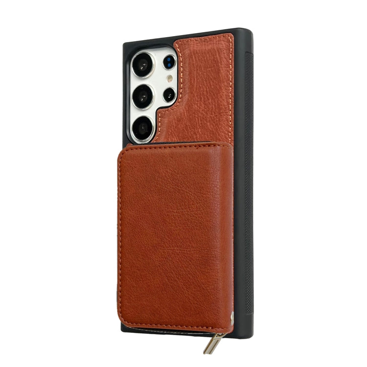 For Samsung Galaxy S24 Ultra 5G Solid Color Zipper 11-Card Slots Bag Phone Case with Lanyard(Brown) - HoMEdemic™ 