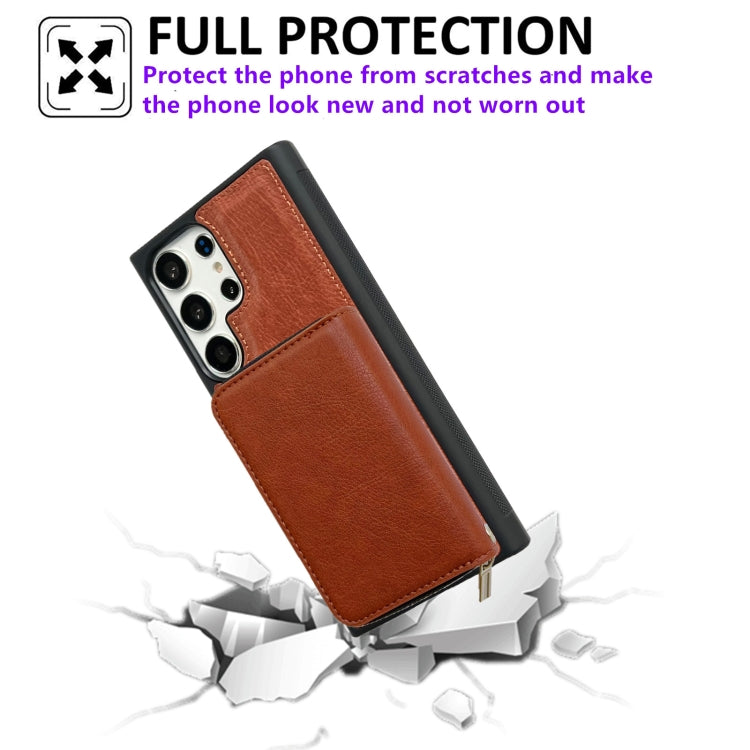 For Samsung Galaxy S24 Ultra 5G Solid Color Zipper 11-Card Slots Bag Phone Case with Lanyard(Brown) - HoMEdemic™ 