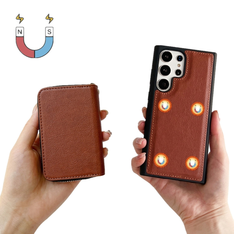 For Samsung Galaxy S24 Ultra 5G Solid Color Zipper 11-Card Slots Bag Phone Case with Lanyard(Brown) - HoMEdemic™ 