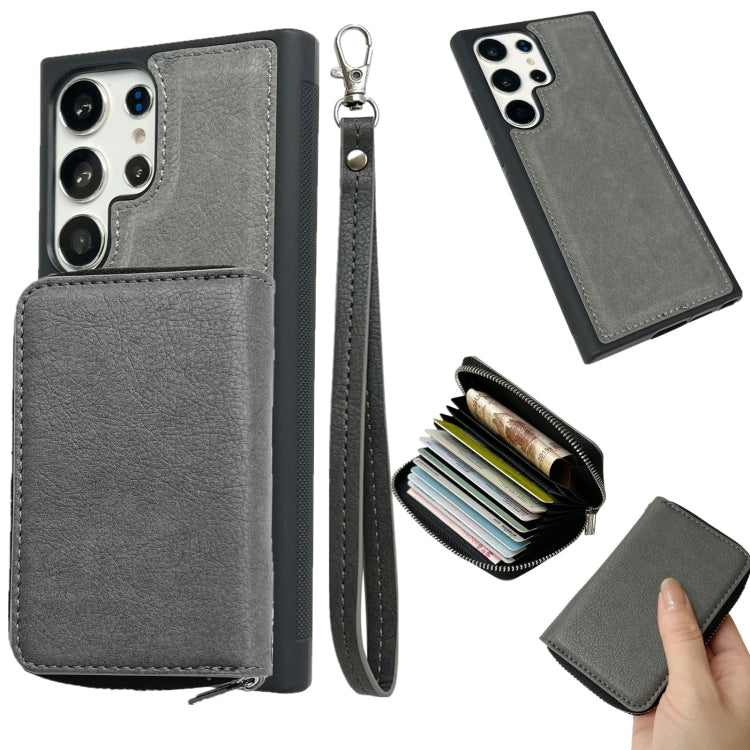 For Samsung Galaxy S24 Ultra 5G Solid Color Zipper 11-Card Slots Bag Phone Case with Lanyard(Grey) - HoMEdemic™ 