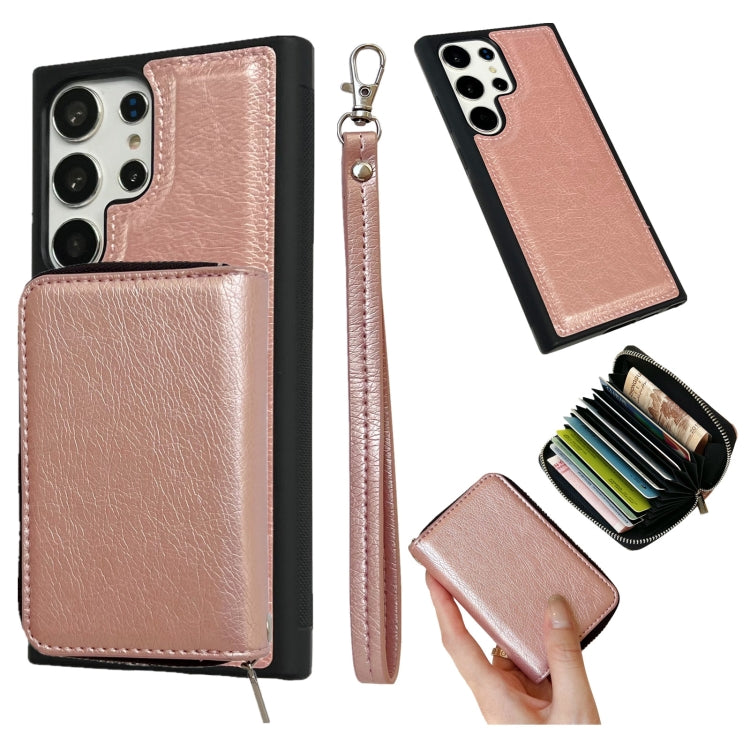 For Samsung Galaxy S24 Ultra 5G Solid Color Zipper 11-Card Slots Bag Phone Case with Lanyard(Rose Gold) - HoMEdemic™ 
