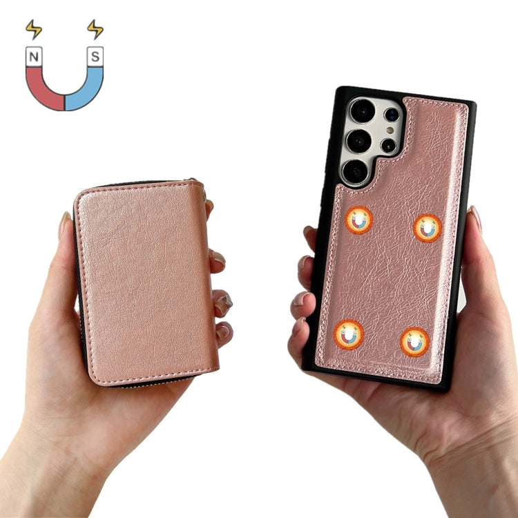 For Samsung Galaxy S24 Ultra 5G Solid Color Zipper 11-Card Slots Bag Phone Case with Lanyard(Rose Gold) - HoMEdemic™ 
