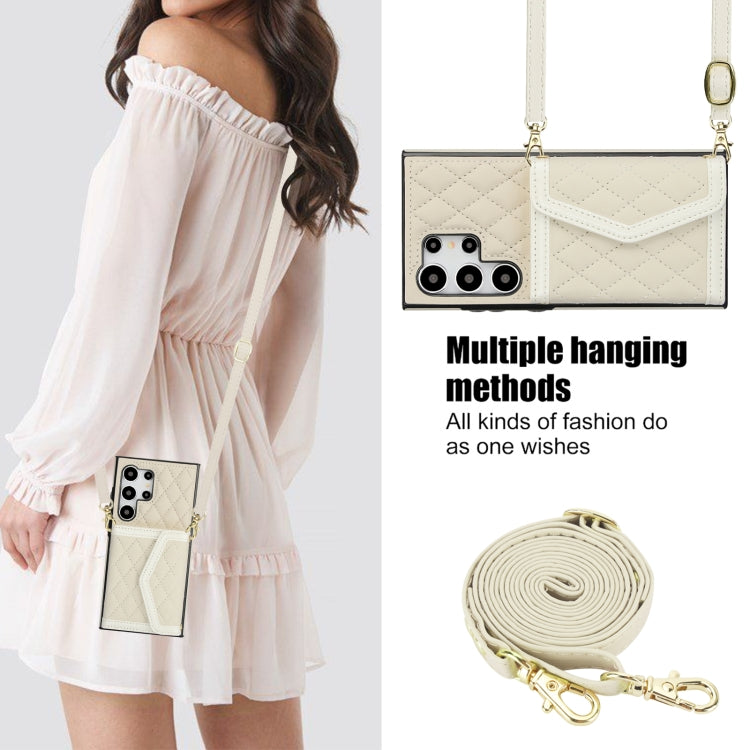 For Samsung Galaxy S24 Ultra 5G Splicing Rhombic Texture Card Bag Phone Case with Long Lanyard(Beige) - HoMEdemic™ 
