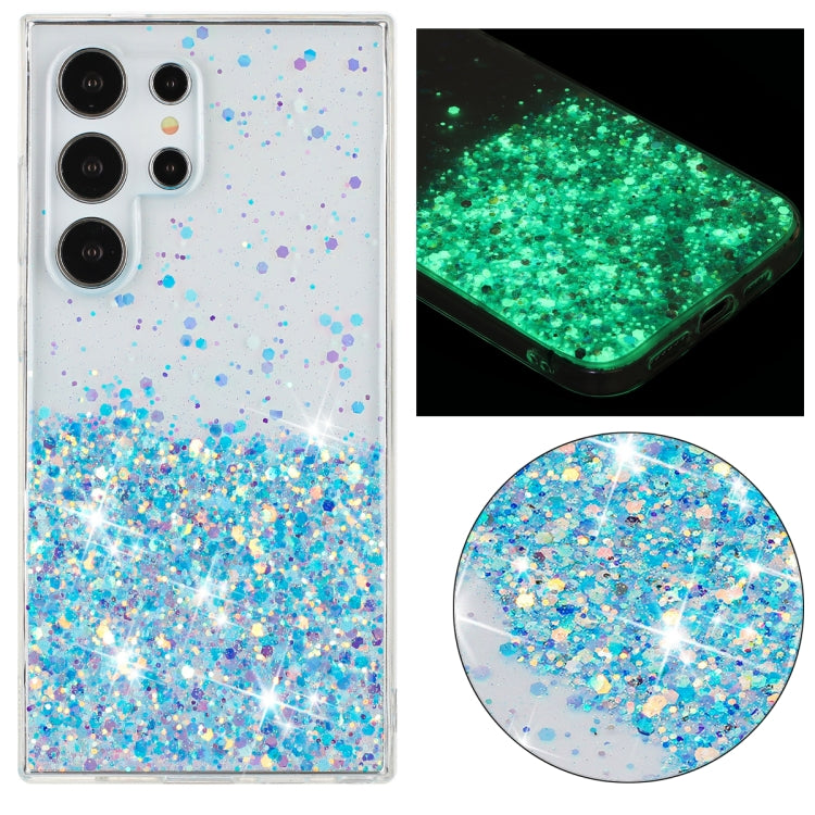 For Samsung Galaxy S24 Ultra 5G Transparent Frame Noctilucent Glitter Powder TPU Phone Case(Blue) - HoMEdemic™ 