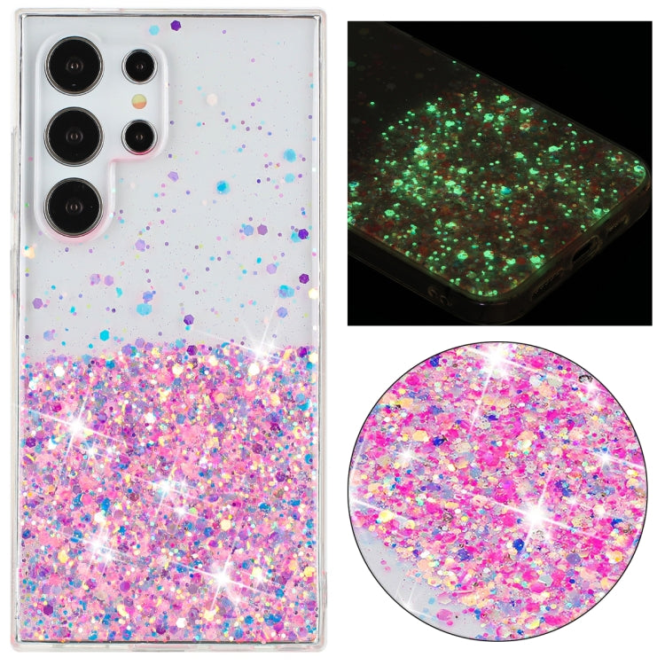 For Samsung Galaxy S24 Ultra 5G Transparent Frame Noctilucent Glitter Powder TPU Phone Case(Pink) - HoMEdemic™ 