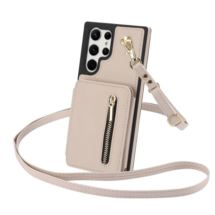 For Samsung Galaxy S24 Ultra 5G YM006 Skin Feel Zipper Card Bag Phone Case with Dual Lanyard(Apricot) - HoMEdemic™ 