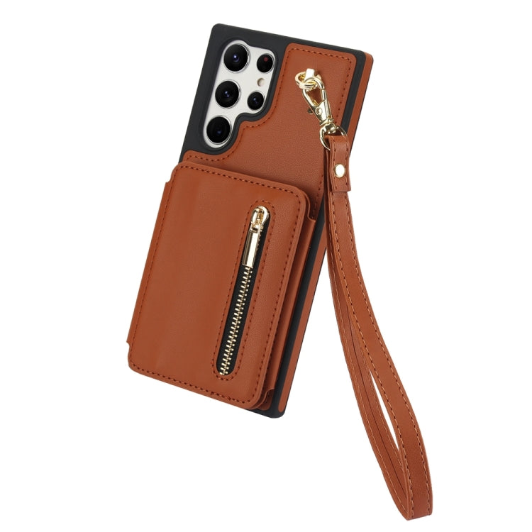 For Samsung Galaxy S24 Ultra 5G YM006 Skin Feel Zipper Card Bag Phone Case with Dual Lanyard(Brown) - HoMEdemic™ 
