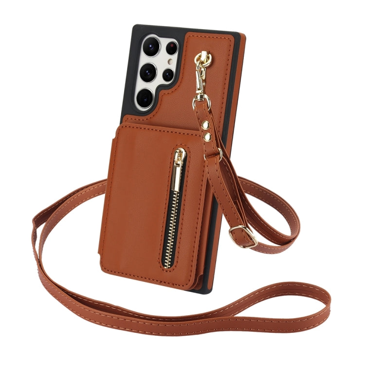 For Samsung Galaxy S24 Ultra 5G YM006 Skin Feel Zipper Card Bag Phone Case with Dual Lanyard(Brown) - HoMEdemic™ 