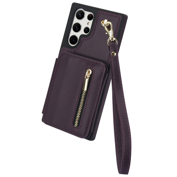 For Samsung Galaxy S24 Ultra 5G YM006 Skin Feel Zipper Card Bag Phone Case with Dual Lanyard(Dark Purple) - HoMEdemic™ 