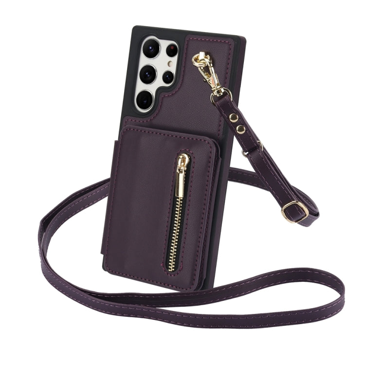 For Samsung Galaxy S24 Ultra 5G YM006 Skin Feel Zipper Card Bag Phone Case with Dual Lanyard(Dark Purple) - HoMEdemic™ 