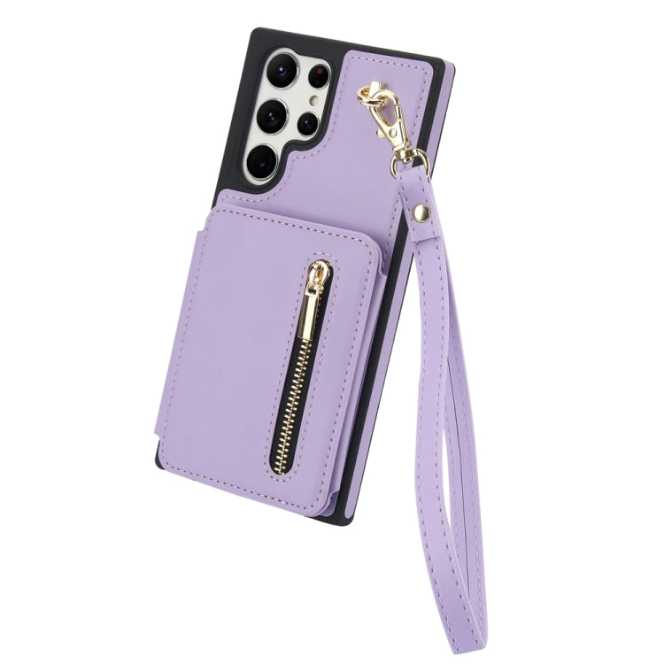For Samsung Galaxy S24 Ultra 5G YM006 Skin Feel Zipper Card Bag Phone Case with Dual Lanyard(Light Purple) - HoMEdemic™ 