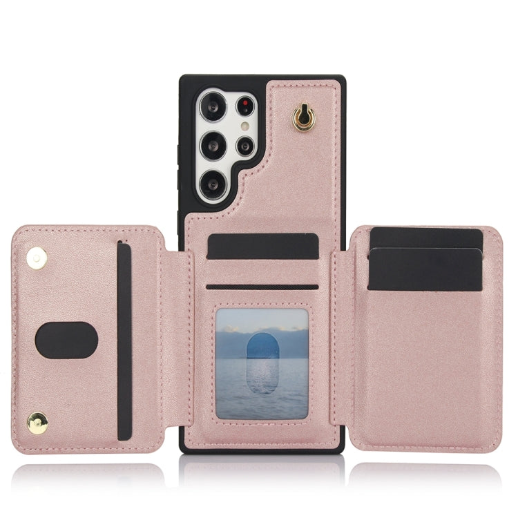For Samsung Galaxy S24 Ultra 5G YM006 Skin Feel Zipper Card Bag Phone Case with Dual Lanyard(Rose Gold) - HoMEdemic™ 
