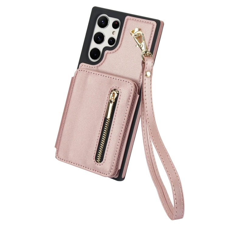 For Samsung Galaxy S24 Ultra 5G YM006 Skin Feel Zipper Card Bag Phone Case with Dual Lanyard(Rose Gold) - HoMEdemic™ 