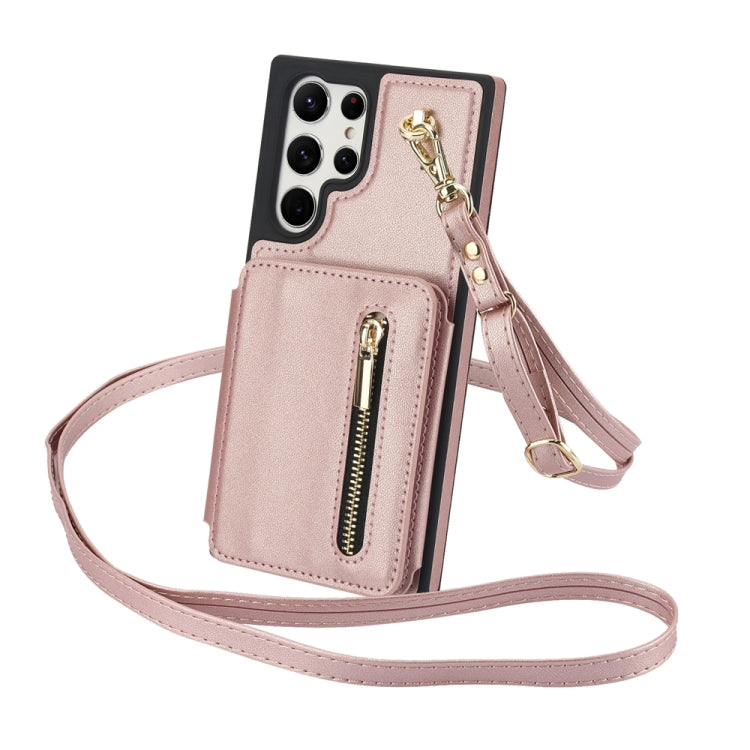 For Samsung Galaxy S24 Ultra 5G YM006 Skin Feel Zipper Card Bag Phone Case with Dual Lanyard(Rose Gold) - HoMEdemic™ 