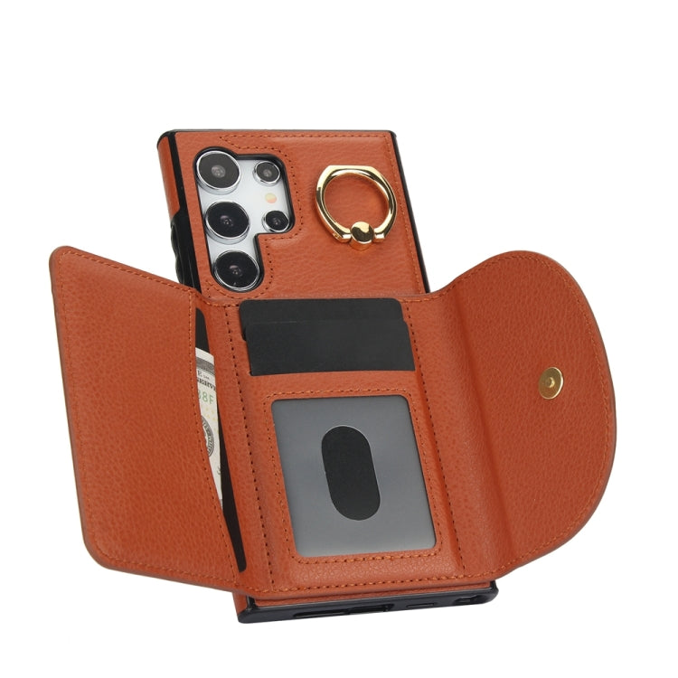 For Samsung Galaxy S24 Ultra 5G YM007 Ring Holder Card Bag Skin Feel Phone Case(Brown) - HoMEdemic™ 