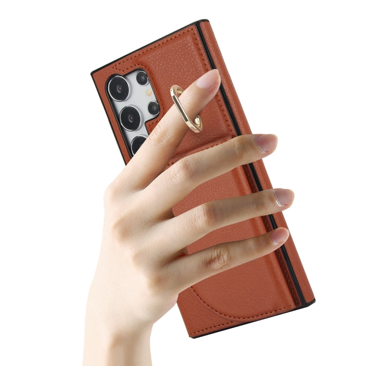 For Samsung Galaxy S24 Ultra 5G YM007 Ring Holder Card Bag Skin Feel Phone Case(Brown) - HoMEdemic™ 