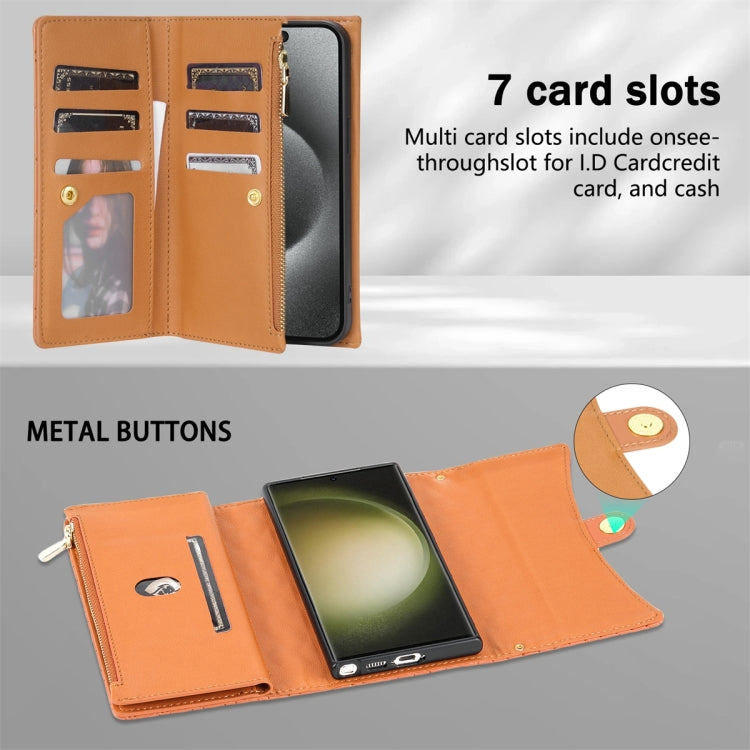 For Samsung Galaxy S24 Ultra 5G Zipper Multi-Card Wallet Rhombic Leather Phone Case(Brown) - HoMEdemic™ 