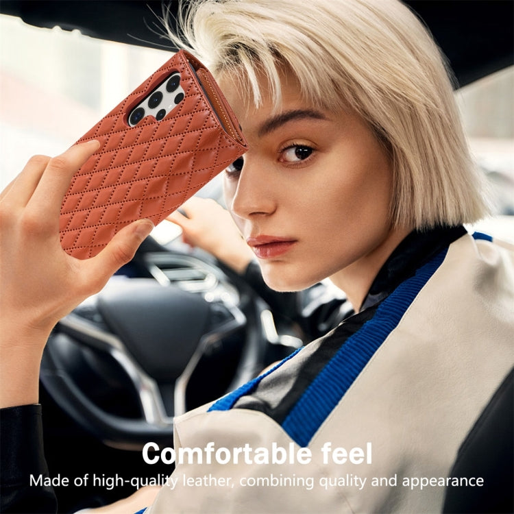 For Samsung Galaxy S24 Ultra 5G Zipper Multi-Card Wallet Rhombic Leather Phone Case(Brown) - HoMEdemic™ 