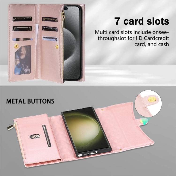 For Samsung Galaxy S24 Ultra 5G Zipper Multi-Card Wallet Rhombic Leather Phone Case(Rose Gold) - HoMEdemic™ 