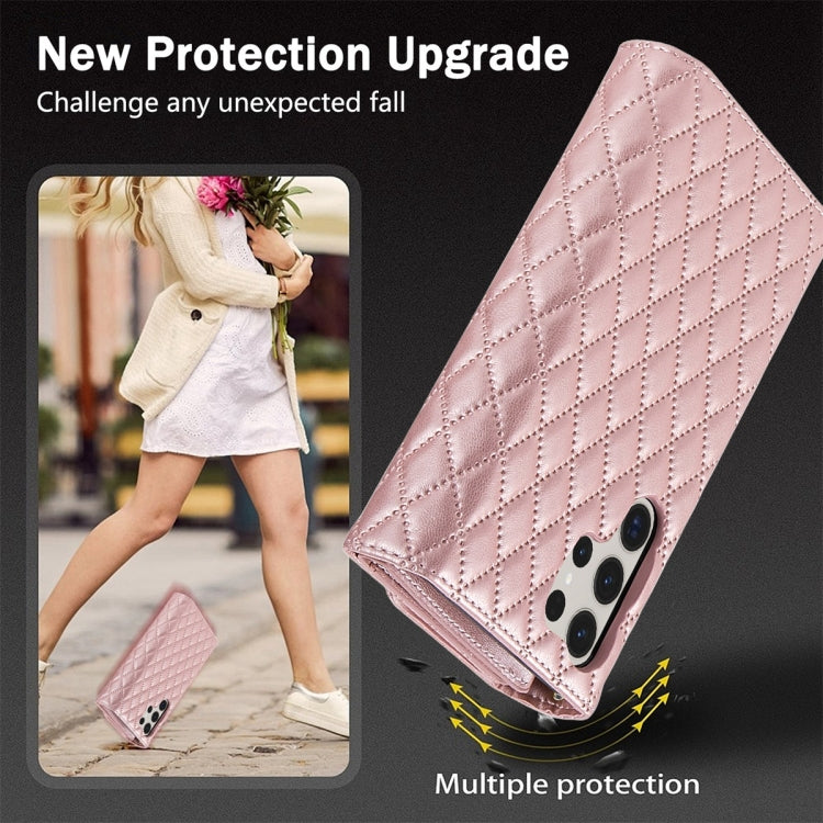 For Samsung Galaxy S24 Ultra 5G Zipper Multi-Card Wallet Rhombic Leather Phone Case(Rose Gold) - HoMEdemic™ 