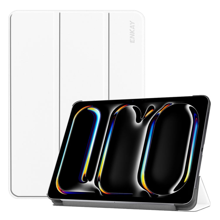 For iPad Pro 11 2025 / 2024 ENKAY Tri-fold Custer Texture Platic Leather Smart Tablet Case(White) - HoMEdemic™ 