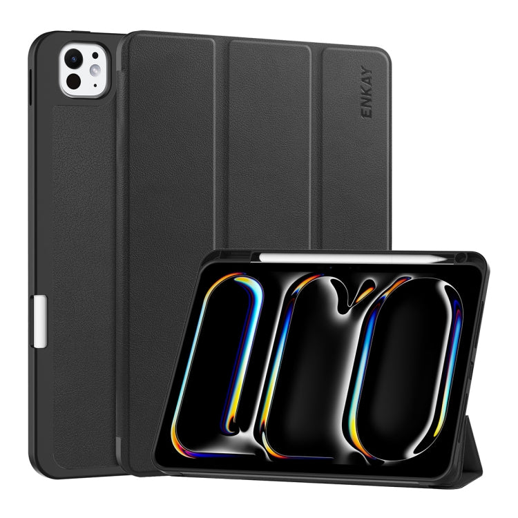 For iPad Pro 11 2025 / 2024 ENKAY Tri-fold Custer Texture TPU Leather Smart Tablet Case with Pen Slot(Black) - HoMEdemic™ 