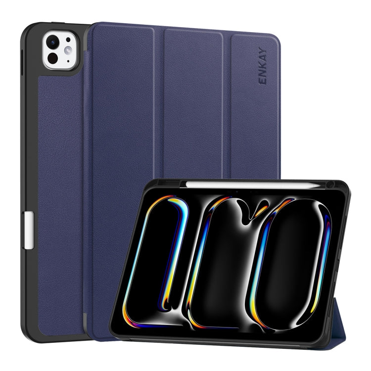 For iPad Pro 11 2025 / 2024 ENKAY Tri-fold Custer Texture TPU Leather Smart Tablet Case with Pen Slot(Dark Blue) - HoMEdemic™ 