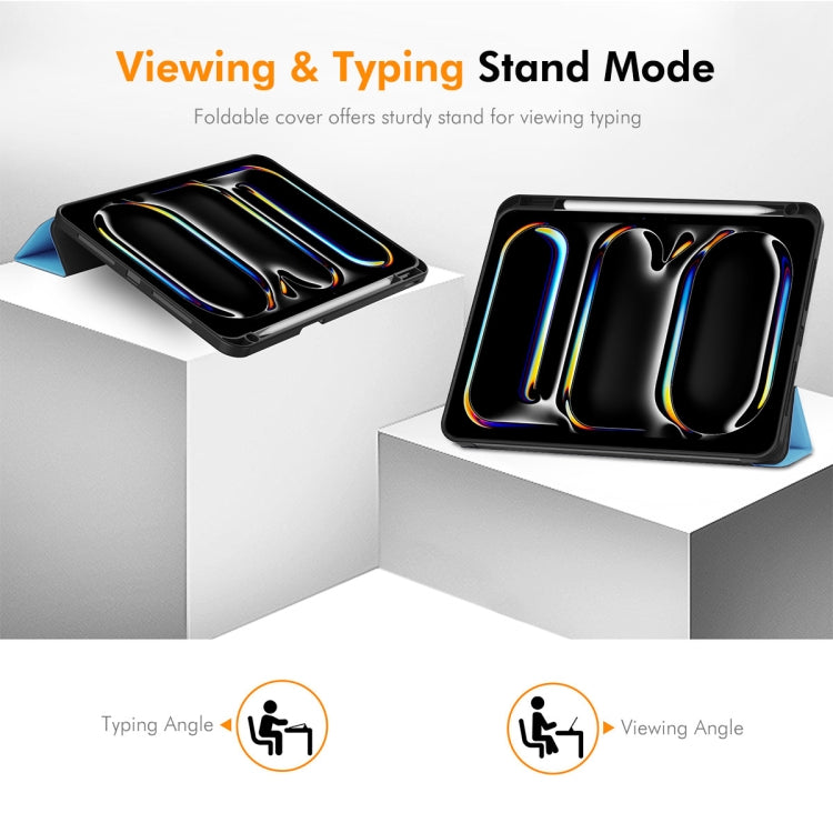 For iPad Pro 11 2025 / 2024 ENKAY Tri-fold Custer Texture TPU Leather Smart Tablet Case with Pen Slot(Dark Blue) - HoMEdemic™ 