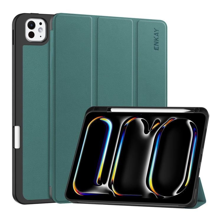For iPad Pro 11 2025 / 2024 ENKAY Tri-fold Custer Texture TPU Leather Smart Tablet Case with Pen Slot(Dark Green) - HoMEdemic™ 