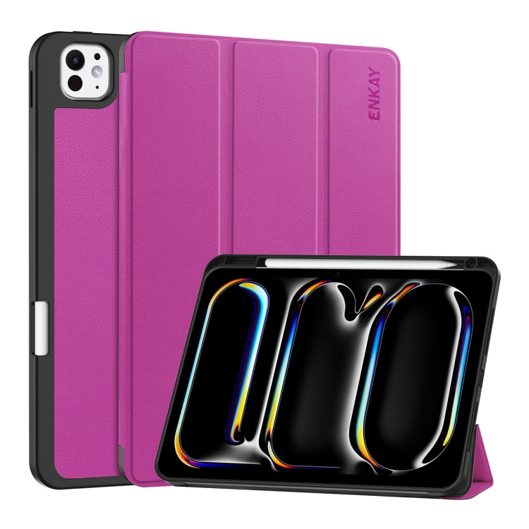 For iPad Pro 11 2025 / 2024 ENKAY Tri-fold Custer Texture TPU Leather Smart Tablet Case with Pen Slot(Purple) - HoMEdemic™ 