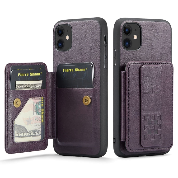 For iPhone 11 Fierre Shann Oil Wax Cow Leather Card Holder Back Phone Case(Purple) - HoMEdemic™ 