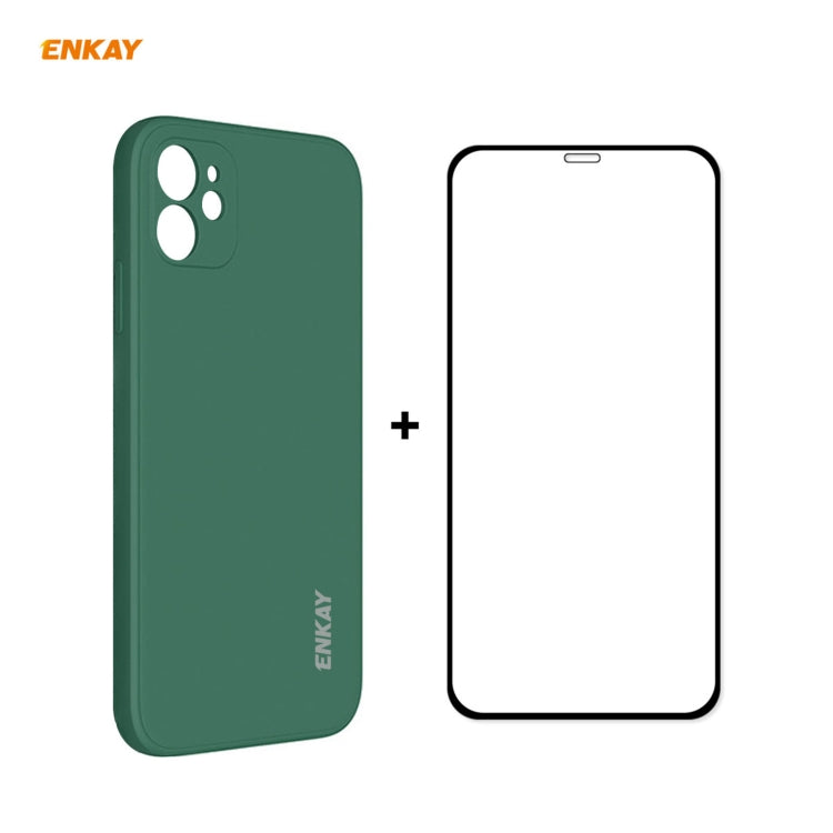 For iPhone 11 Hat-Prince ENKAY ENK-PC0642 Liquid Silicone Straight Edge Shockproof Protective Case + 0.26mm 9H 2.5D Full Glue Full Coverage Tempered Glass Protector Film(Dark Green) - HoMEdemic™ 