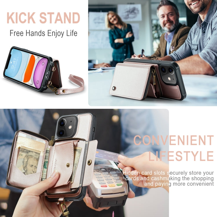 For iPhone 11 JEEHOOD C22 Series Zipper Wallet Leather Phone Case with Dual Lanyard(Rose Gold) - HoMEdemic™ 