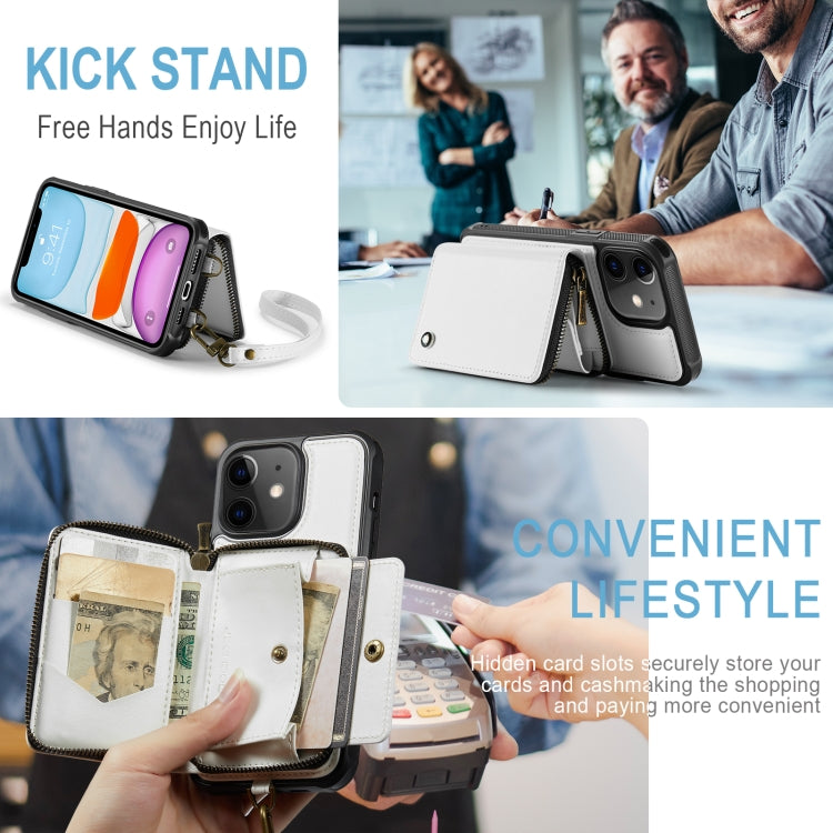 For iPhone 11 JEEHOOD C22 Series Zipper Wallet Leather Phone Case with Dual Lanyard(White) - HoMEdemic™ 