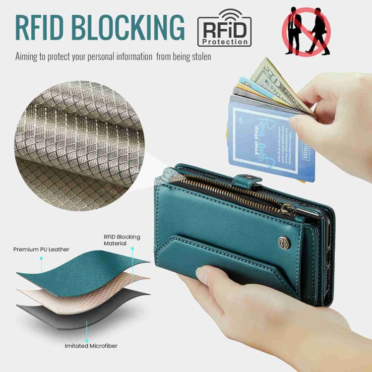For iPhone 11 Pro Max CaseMe C36 Card Slots Zipper Wallet RFID Anti-theft Leather Phone Case(Blue-green) - HoMEdemic™ 