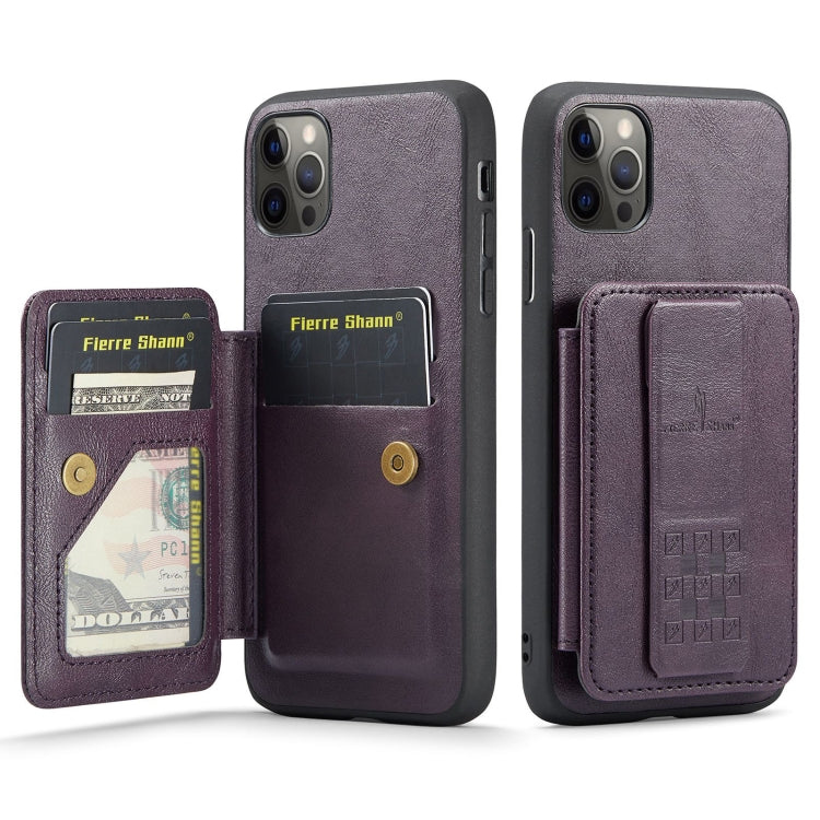For iPhone 11 Pro Max Fierre Shann Oil Wax Cow Leather Card Holder Back Phone Case(Purple) - HoMEdemic™ 