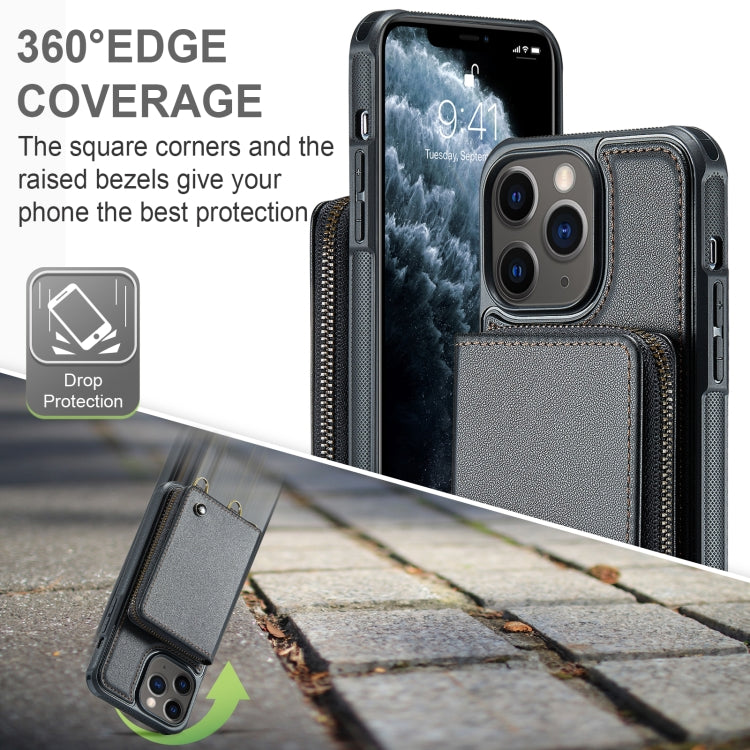 For iPhone 11 Pro Max JEEHOOD C22 Series Zipper Wallet Leather Phone Case with Dual Lanyard(Black) - HoMEdemic™ 