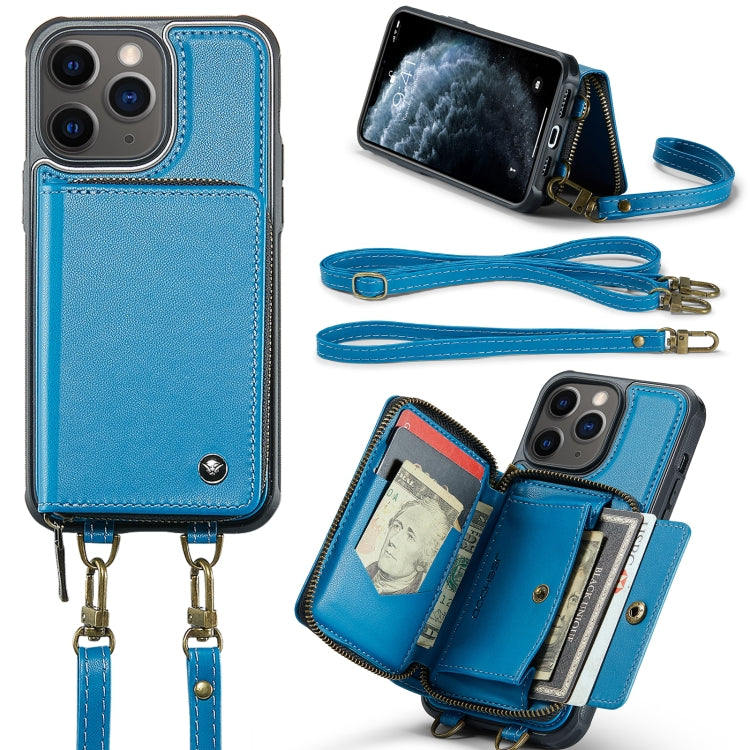 For iPhone 11 Pro Max JEEHOOD C22 Series Zipper Wallet Leather Phone Case with Dual Lanyard(Blue) - HoMEdemic™ 
