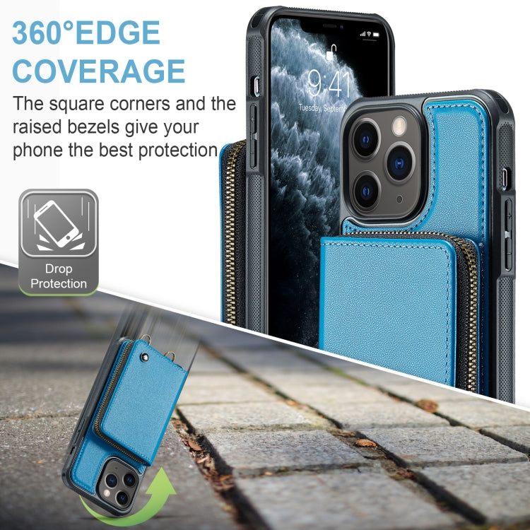 For iPhone 11 Pro Max JEEHOOD C22 Series Zipper Wallet Leather Phone Case with Dual Lanyard(Blue) - HoMEdemic™ 