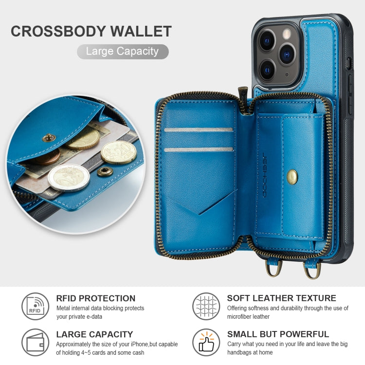 For iPhone 11 Pro Max JEEHOOD C22 Series Zipper Wallet Leather Phone Case with Dual Lanyard(Blue) - HoMEdemic™ 