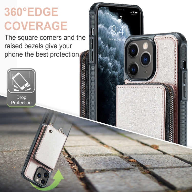 For iPhone 11 Pro Max JEEHOOD C22 Series Zipper Wallet Leather Phone Case with Dual Lanyard(Rose Gold) - HoMEdemic™ 