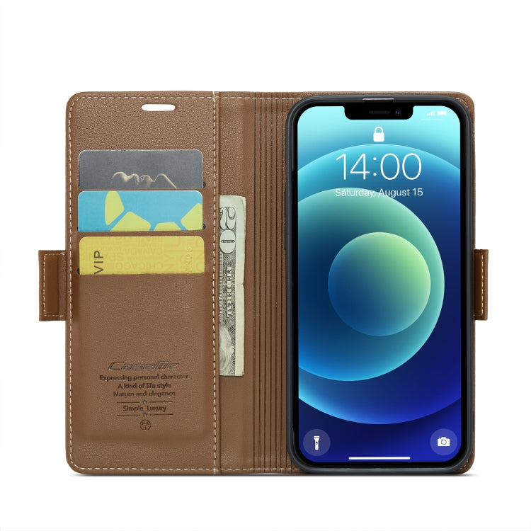 For iPhone 12 / 12 Pro CaseMe 023 Butterfly Buckle Litchi Texture RFID Anti-theft Leather Phone Case(Brown) - HoMEdemic™ 