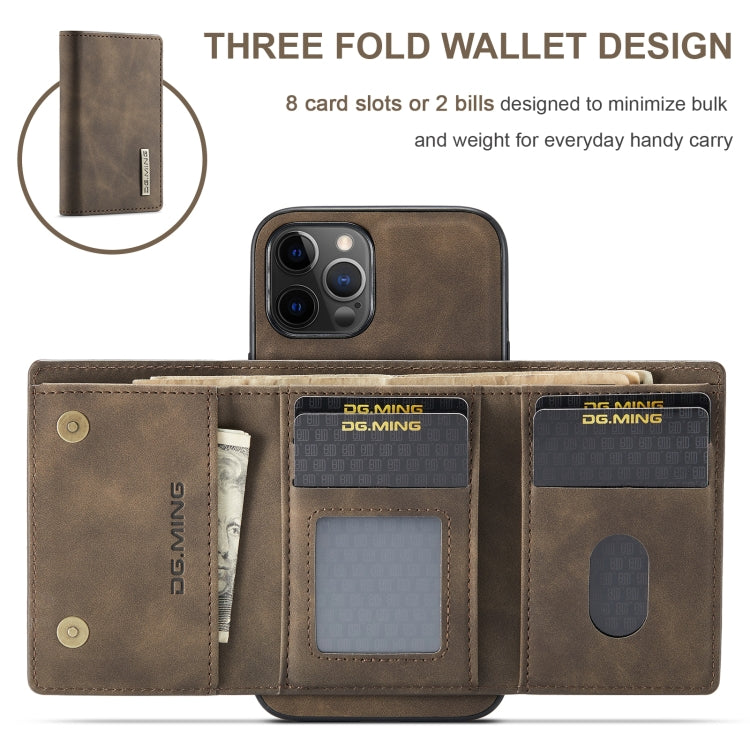 For iPhone 12 / 12 Pro DG.MING M1 Series 3-Fold Multi Card Wallet + Magnetic Back Cover Shockproof Case with Holder Function(Coffee) - HoMEdemic™ 