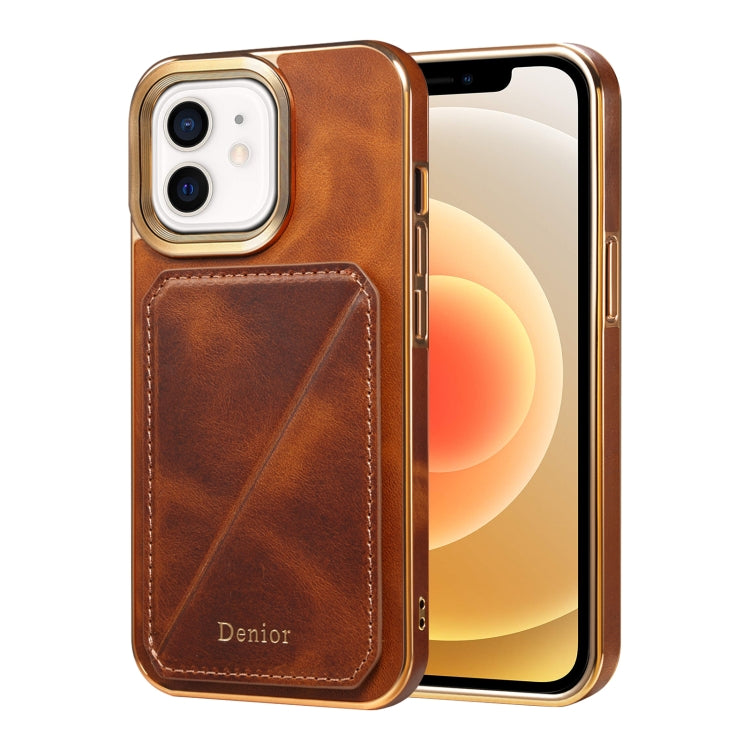 For iPhone 12 / 12 Pro Denior Oil Wax Leather Electroplating Card Slot Holder Phone Case(Brown) - HoMEdemic™ 