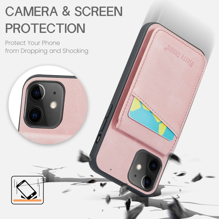 For iPhone 12 / 12 Pro Fierre Shann Crazy Horse Card Holder Back Cover PU Phone Case(Pink) - HoMEdemic™ 