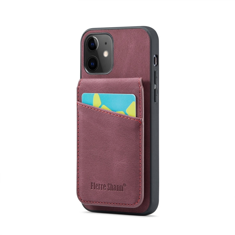 For iPhone 12 / 12 Pro Fierre Shann Crazy Horse Card Holder Back Cover PU Phone Case(Wine Red) - HoMEdemic™ 