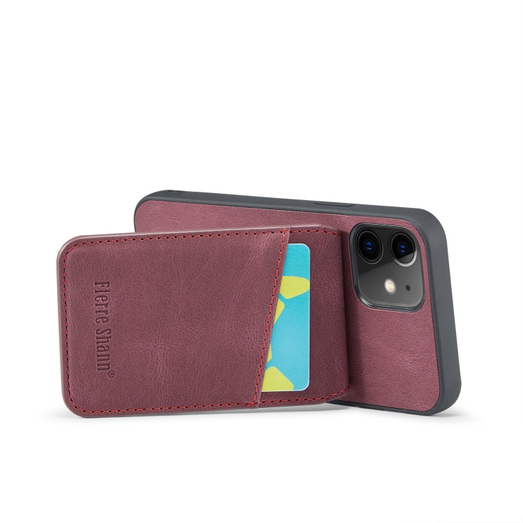 For iPhone 12 / 12 Pro Fierre Shann Crazy Horse Card Holder Back Cover PU Phone Case(Wine Red) - HoMEdemic™ 