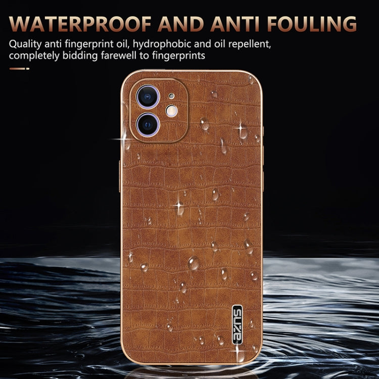 For iPhone 12 AZNS Electroplated Frame Crocodile Texture Full Coverage Phone Case(Brown) - HoMEdemic™ 