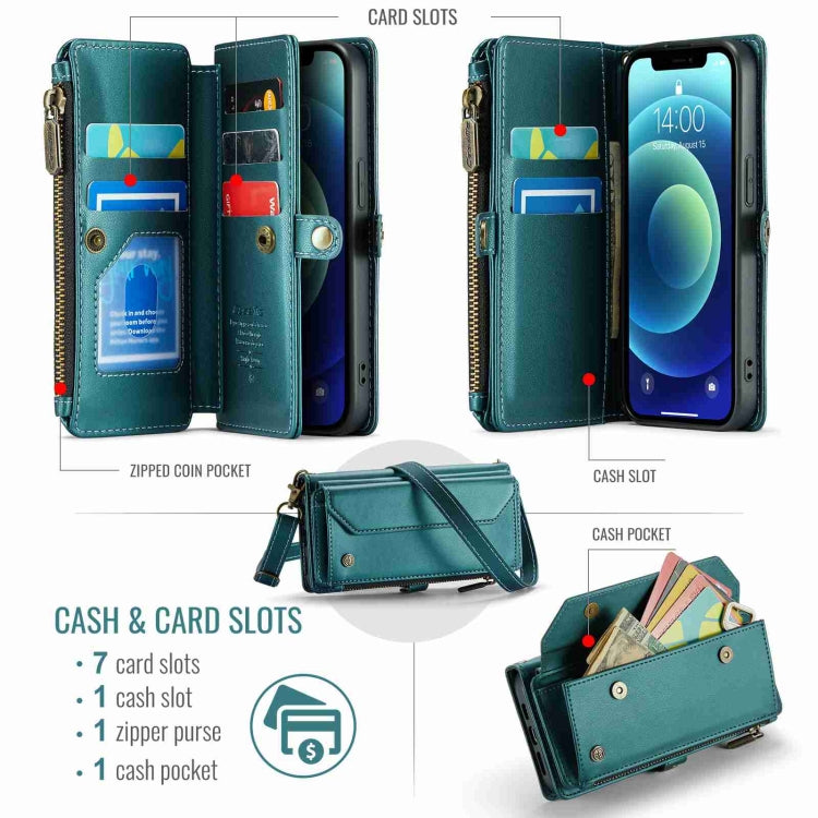 For iPhone 12 CaseMe C36 Card Slots Zipper Wallet RFID Anti-theft Leather Phone Case(Blue-green) - HoMEdemic™ 